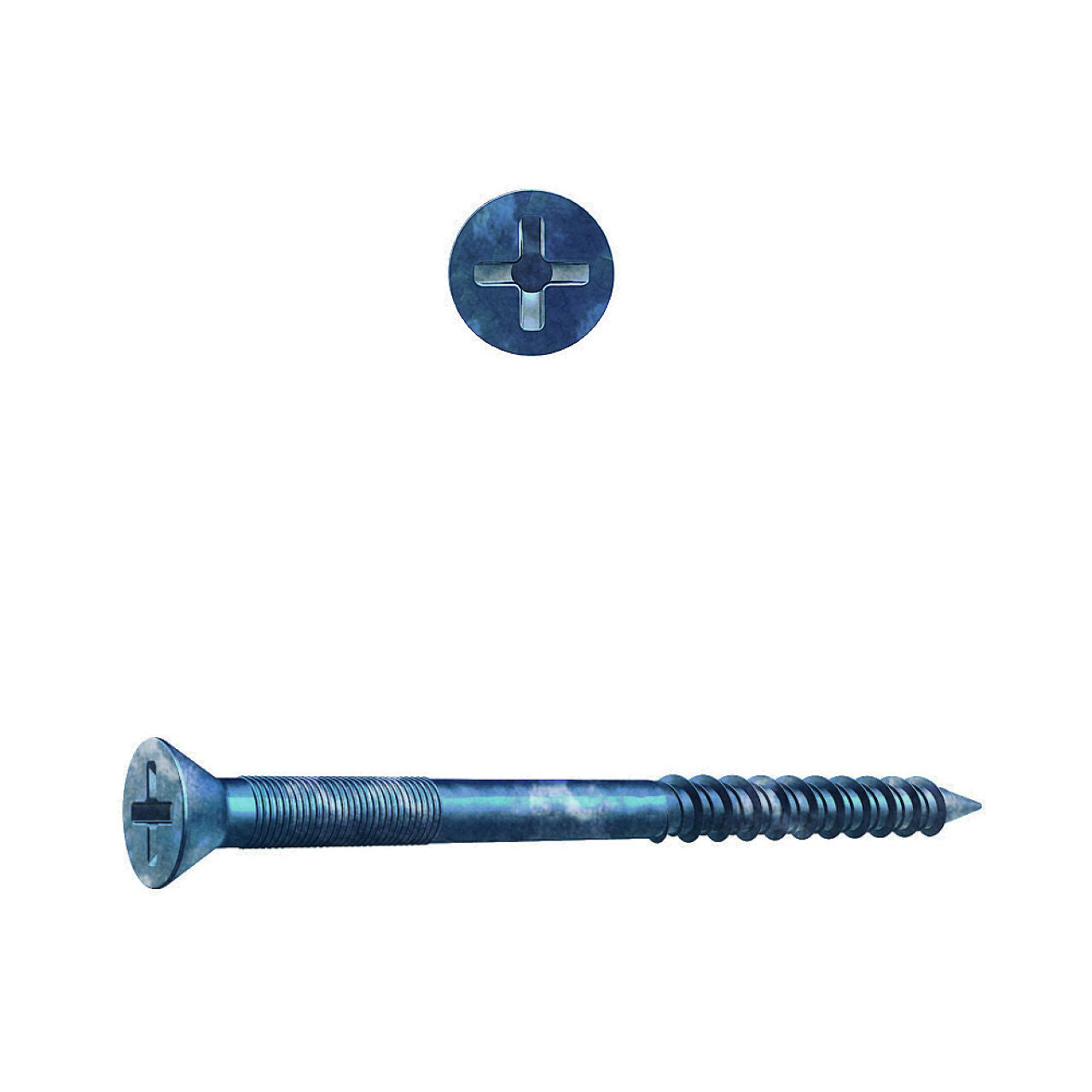 A Go Build 3/16 in. x 1-1/4 in. Philips Flat Head Concrete Screw is shown horizontally with a close-up of its cross-shaped head above it, set against a white background.